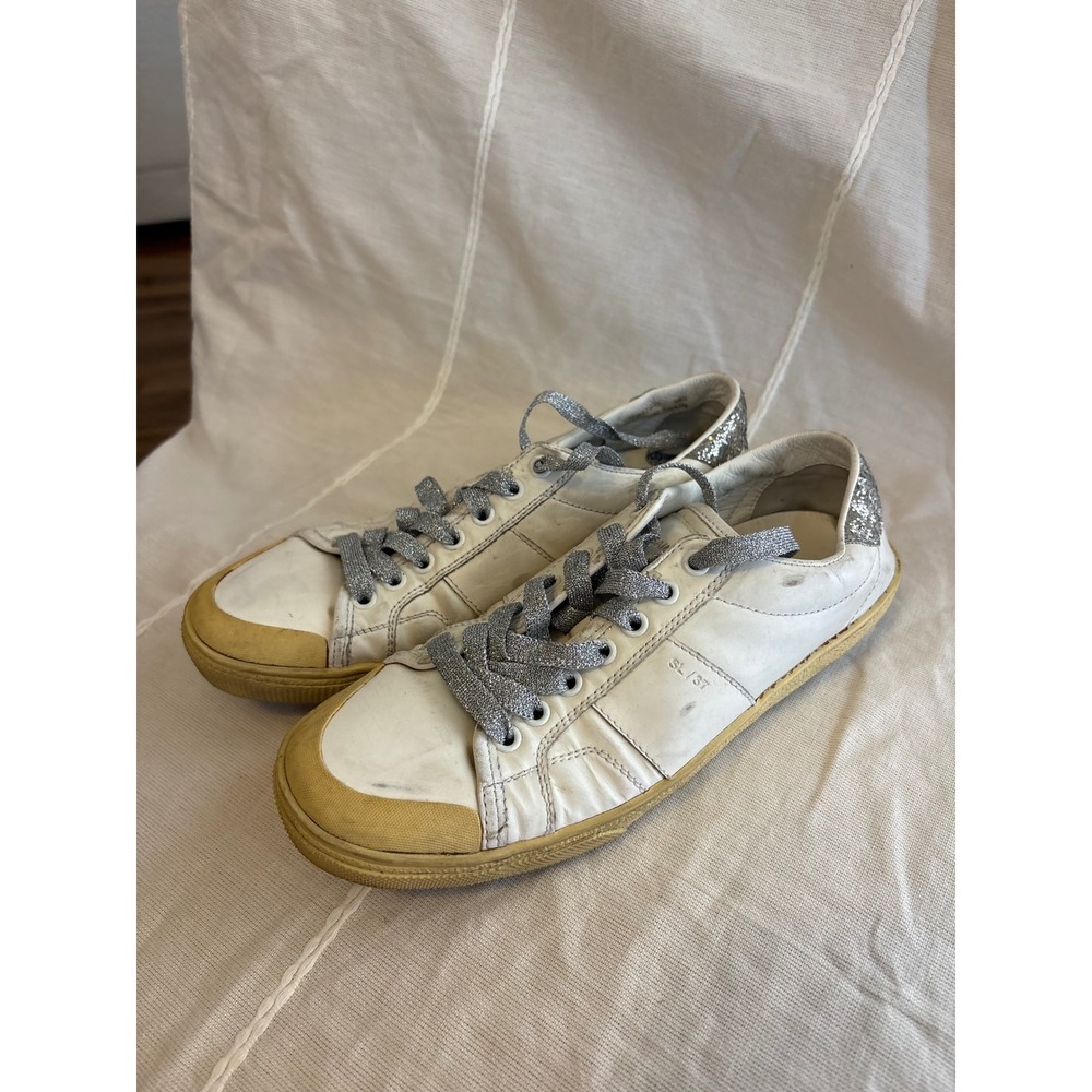 Saint Laurent SL/37 White Leather Glitter Low Top Sneakers Silver 38.5 VU 457838